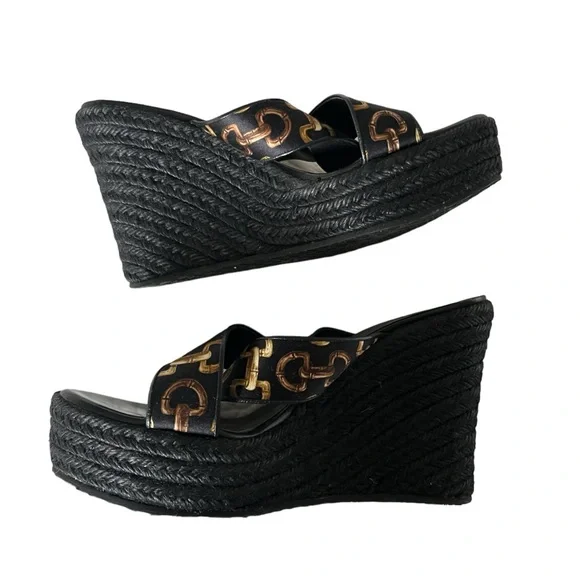 GUCCI WEDGE ESPADRILLE SHOES SLIDES LOGO 6.5